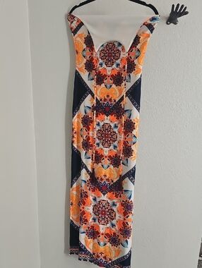 Strapless Maxi Dress in Orange, Navy & White